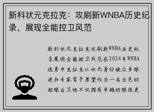 新科状元克拉克：攻刷新WNBA历史纪录，展现全能控卫风范