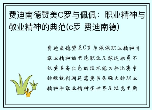 费迪南德赞美C罗与佩佩：职业精神与敬业精神的典范(c罗 费迪南德)