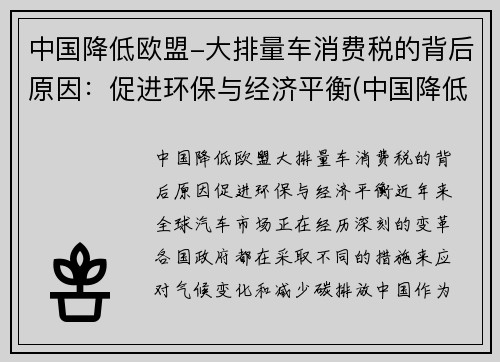 中国降低欧盟-大排量车消费税的背后原因：促进环保与经济平衡(中国降低汽车关税)