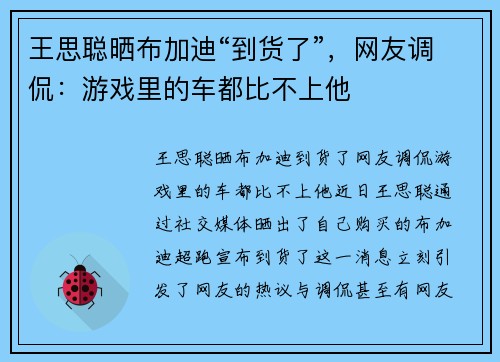 王思聪晒布加迪“到货了”，网友调侃：游戏里的车都比不上他