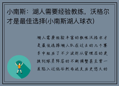 小南斯：湖人需要经验教练，沃格尔才是最佳选择(小南斯湖人球衣)