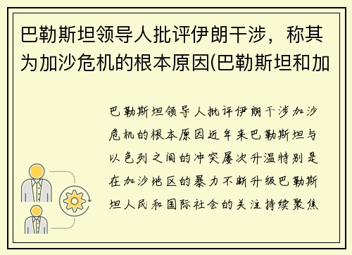 巴勒斯坦领导人批评伊朗干涉，称其为加沙危机的根本原因(巴勒斯坦和加沙怎么来往)