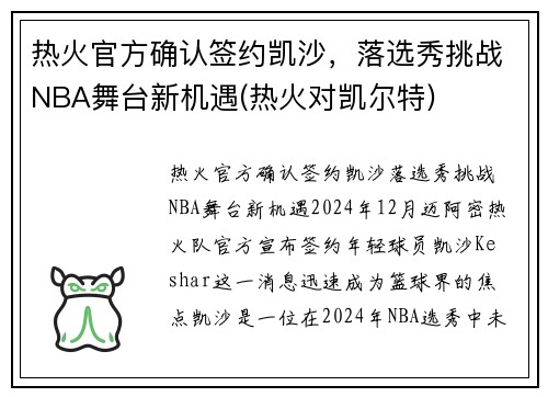 热火官方确认签约凯沙，落选秀挑战NBA舞台新机遇(热火对凯尔特)